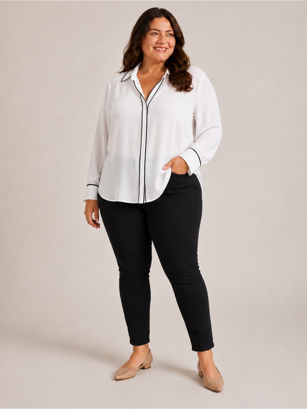 Worthington White Button-Down Shirt with Black Trim